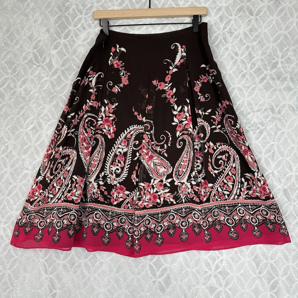 Y2K Chiffon Pleated Midi Skirt 12 Large Brown Pink Paisley Boho Fairy Modest 90s - Picture 6 of 8